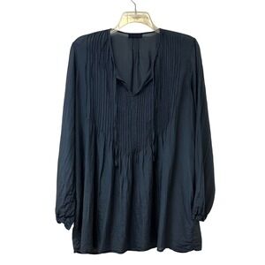 CP Shades Navy Blue Pintuck Split V-Neck Long Sleeve Tunic Dress Oversized